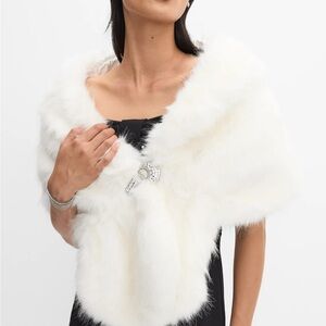 White Faux Fur Stole with Rhinestone Brooch